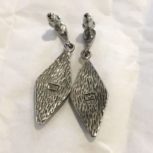 Sterling Silver Marcasite Onyx Drop VTG Earrings - Picture 4 of 14